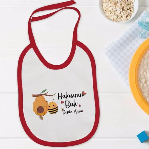 Kişiye Özel Halasının Balı Tasarımlı Kırmızı Bebek Mama Önlüğü